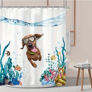 HOME GOODS SWIMMER DASCHUND PUP SHOWER CURTAIN NWT